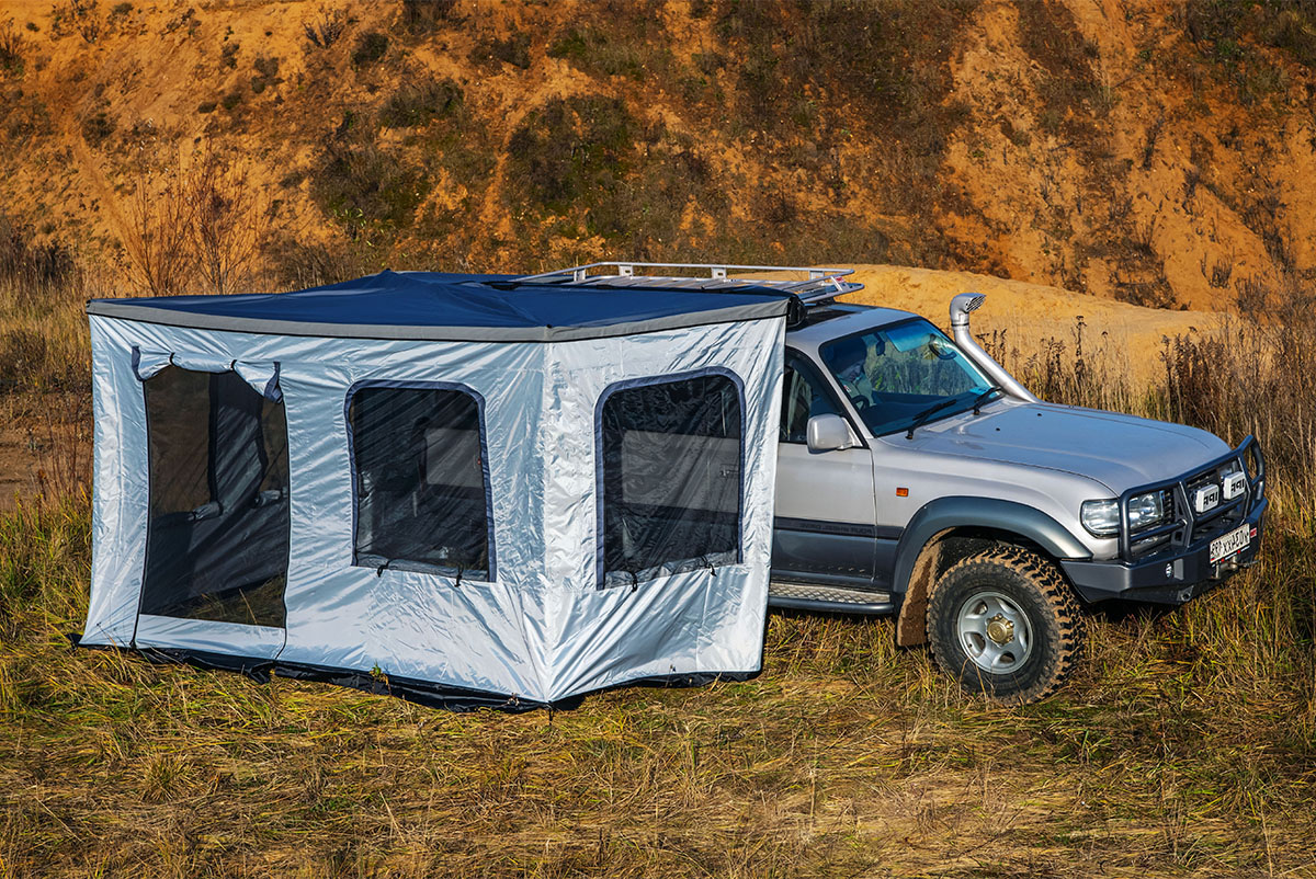 Стенки к автомобильной веерной маркизе (тамбур) РИФ 2.3х2 м, с полом (правые) Стенки к автомобильной веерной маркизе (тамбур) РИФ 2.3х2 м, с полом (правые)