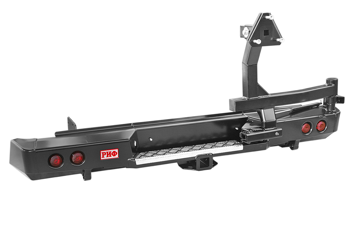 Бампер РИФ силовой задний Isuzu D-MAX (2012-2020) с квадратом под фаркоп, калиткой, фонарями, подсветкой номера стандарт Бампер РИФ силовой задний Isuzu D-MAX (2012-2020) с квадратом под фаркоп, калиткой, фонарями, подсветкой номера стандарт