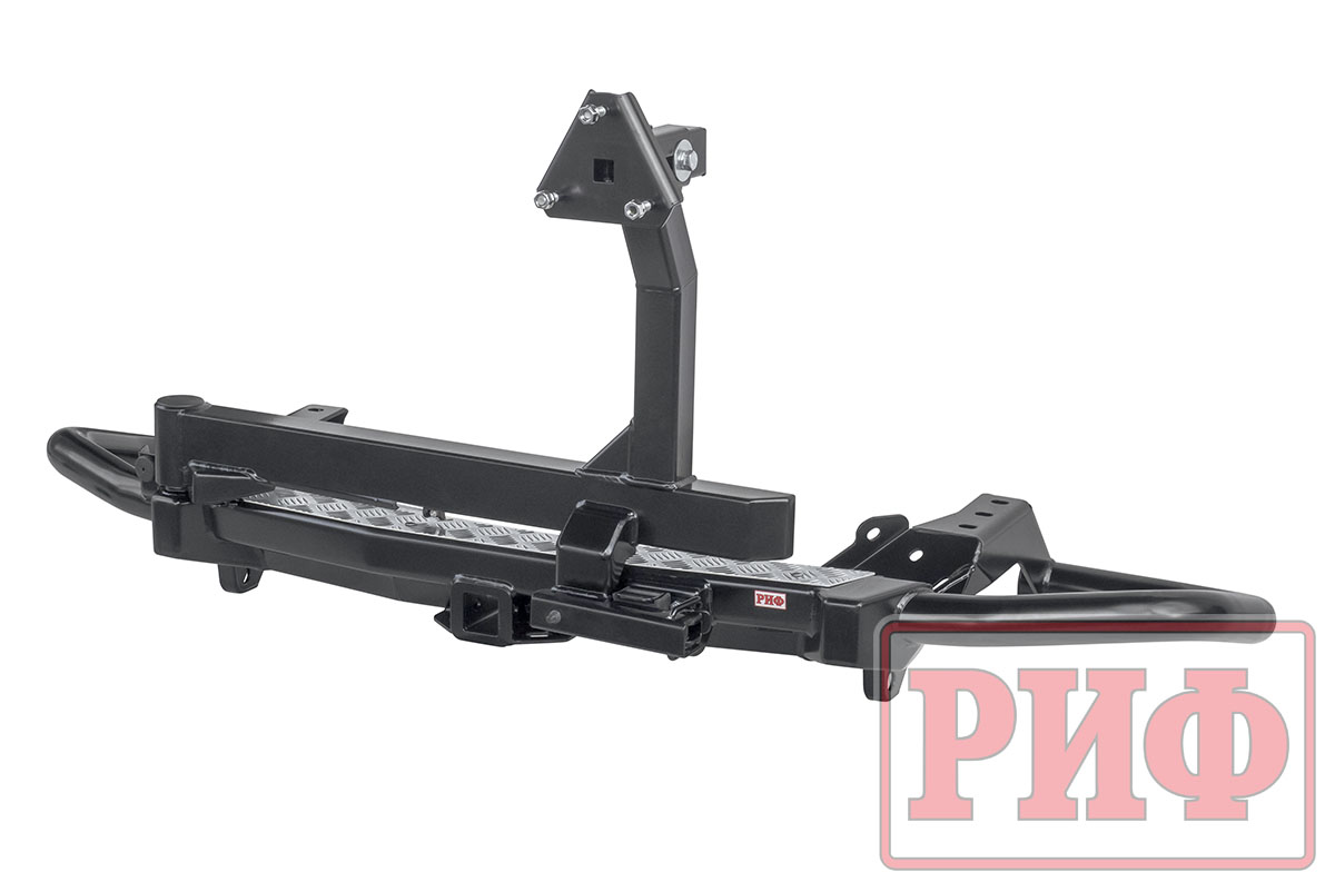 Бампер РИФ задний силовой/защита штатного бампера Toyota Fortuner 2015+ c квадратом под фаркоп, калиткой, подсветкой номера Бампер РИФ задний силовой/защита штатного бампера Toyota Fortuner 2015+ c квадратом под фаркоп, калиткой, подсветкой номера