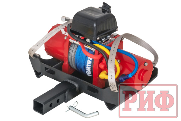 Лебёдка переносная РИФ 9.5XS c квадратом для фаркопа и проводами в сборе, короткий барабан, синтетический трос (облегченная)