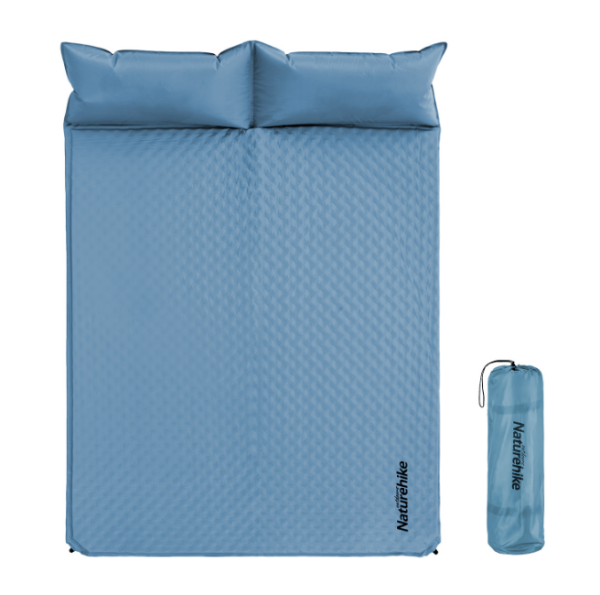 Коврик самонадувающийся Naturehike двойной, 185х130х2,5 см, с подушками, голубой