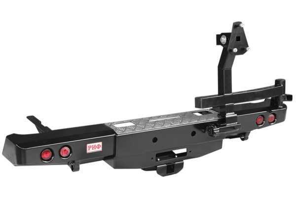 Бампер РИФ силовой задний Toyota Hilux 2005-2014 с площадкой под лебёдку, квадратом под фаркоп, калиткой, фонарями, комплектом для подсветки номера