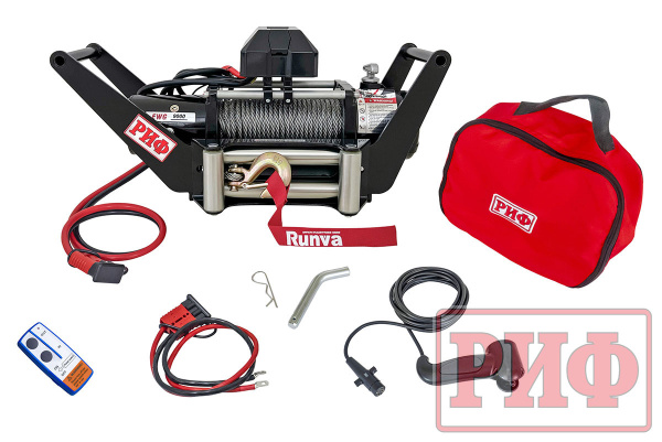 Лебёдка переносная РИФ 9000 c площадкой в квадрат для фаркопа и проводами (в сборе) стальной трос