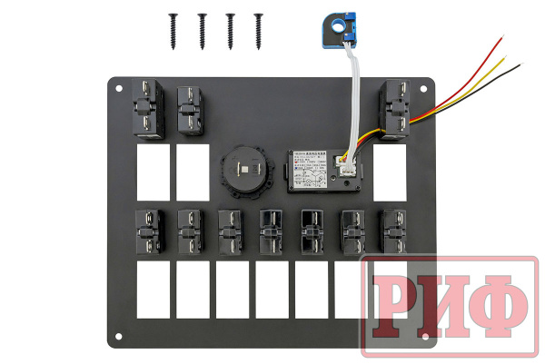 Панель монтажная для 10 переключателей с индикацией, с вольтметром, с розеткой 12В Панель монтажная для 10 переключателей с индикацией, с вольтметром, с розеткой 12В