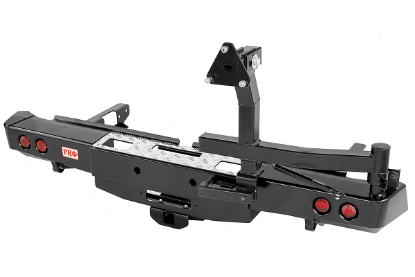 Бампер РИФ силовой задний Toyota Hilux 2015+ с площадкой под лебёдку, квадратом под фаркоп, калиткой, фонарями, подсветкой номера