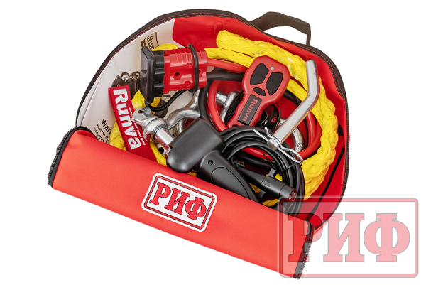 Лебёдка переносная РИФ 9.5XS c квадратом для фаркопа и проводами в сборе, короткий барабан, синтетический трос (облегченная)