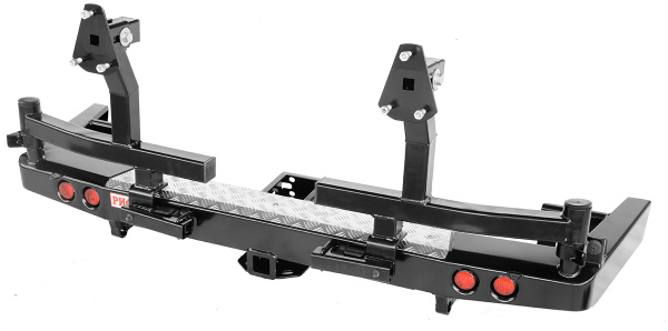Бампер РИФ силовой задний УАЗ Патриот 2015+ с квадратом под фаркоп, фонарями, 2-мя калитками, подсветкой номера, стандарт