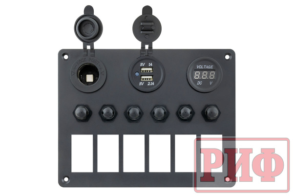 Панель монтажная для 6 переключателей с индикацией, с вольтметром, с розеткой USB 4,2А 12В Панель монтажная для 6 переключателей с индикацией, с вольтметром, с розеткой USB 4,2А 12В