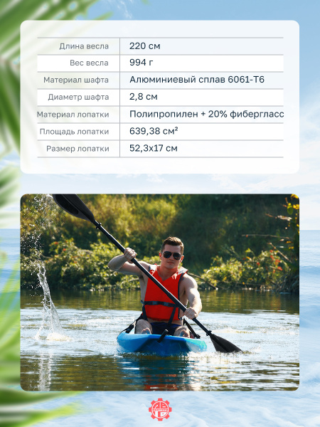 Весло SEAFLO для каяка (байдарки, пакрафта) разборное, двустороннее, 220 см