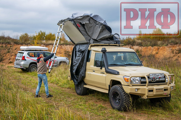 Палатка на крышу автомобиля РИФ Soft RT02-180 PRO, тент серый, 180х(240+70)х115 см