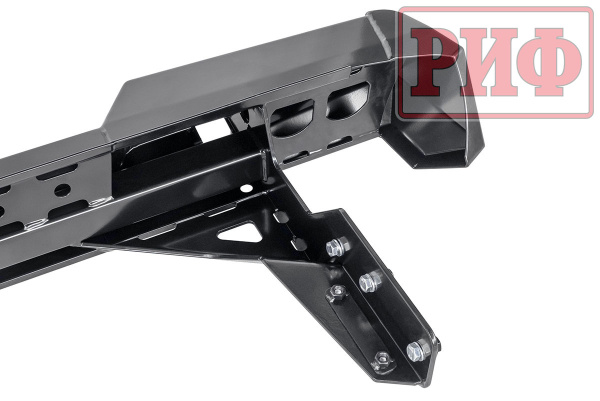 Бампер РИФ силовой задний Mitsubishi L200 2019-2022 с квадратом под фаркоп, калиткой, фонарями, подсветкой номера