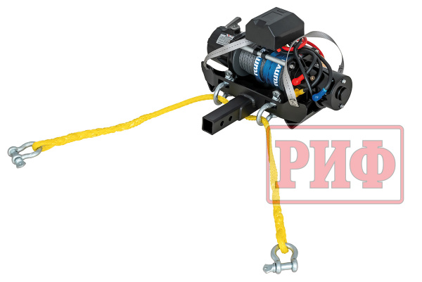 Лебёдка переносная РИФ 9000SR c квадратом для фаркопа и проводами в сборе, синтетический трос (облегченная)