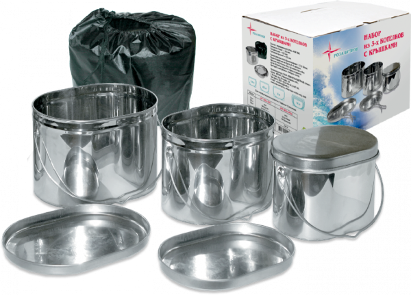 Набор низких котелков 3 шт.(3,3;4,5;6л) крышки с ручками, нержавеющая сталь Набор низких котелков 3 шт.(3,3;4,5;6л) крышки с ручками, нержавеющая сталь