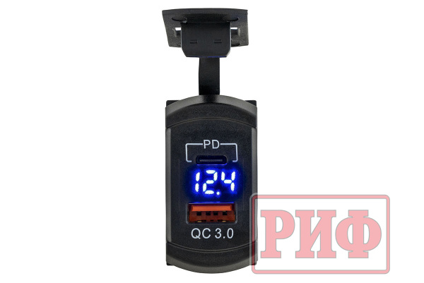 Розетка USB Type PD, QC 3.0 с вольтметром, синяя подсветка