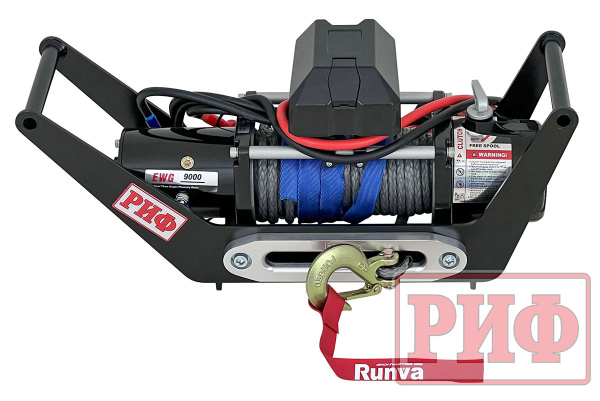 Лебёдка переносная РИФ 9000SR c площадкой в квадрат для фаркопа и проводами (в сборе) синтетический трос