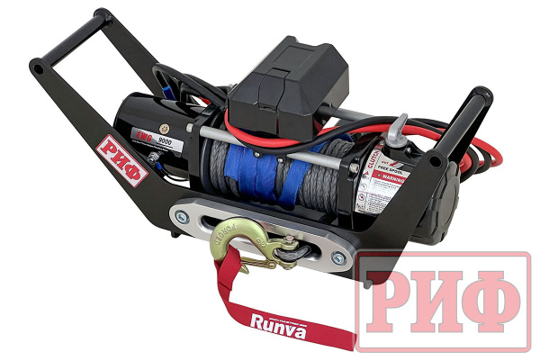 Лебёдка переносная РИФ 9000SR c площадкой в квадрат для фаркопа и проводами (в сборе) синт. трос