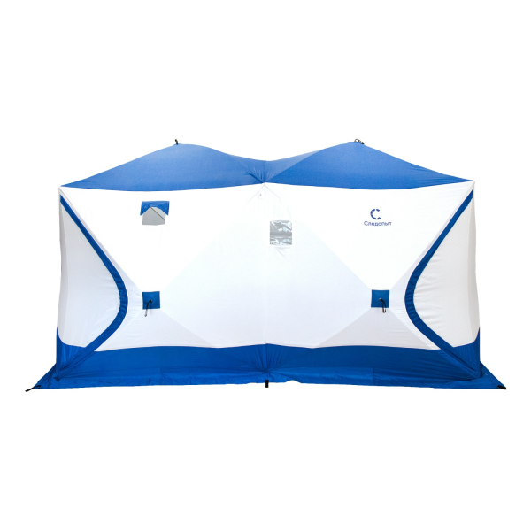 2 Палатка зимняя куб СЛЕДОПЫТ, 3,8х1,9 м, 2-комнатная, 3 слоя , синий/белый 2 Палатка зимняя куб СЛЕДОПЫТ, 3,8х1,9 м, 2-комнатная, 3 слоя , синий/белый