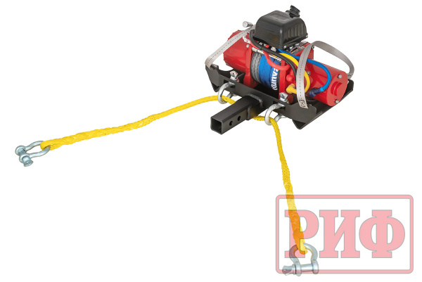 Лебёдка переносная РИФ 9.5XS c квадратом для фаркопа и проводами в сборе, короткий барабан, синтетический трос (облегченная)