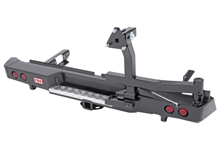 Бампер РИФ силовой задний Toyota Hilux 2015+ с квадратом под фаркоп, калиткой, фонарями, подсветкой номера